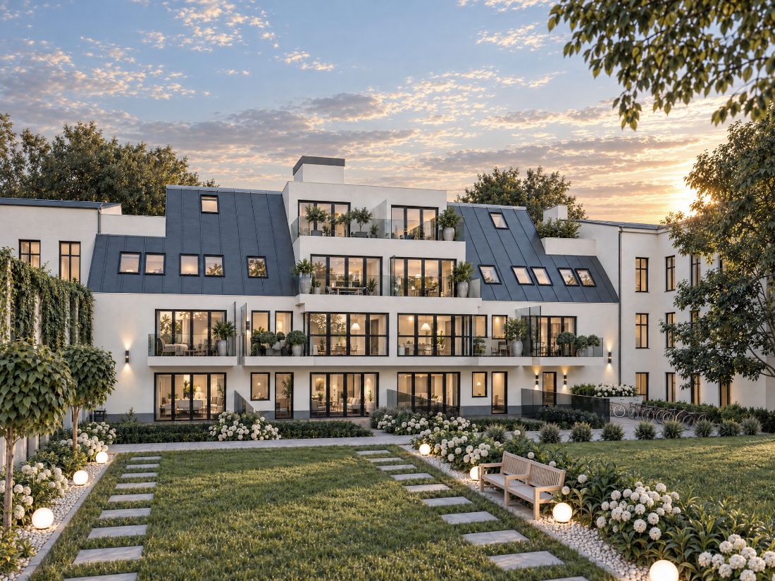 Rußberg, Blick über den begrünten Innenhof auf die Wohnhausanlage am Abend